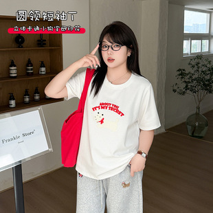 胖mm韩系圆领卡通小狗字母短袖 小波家2025夏季 T恤