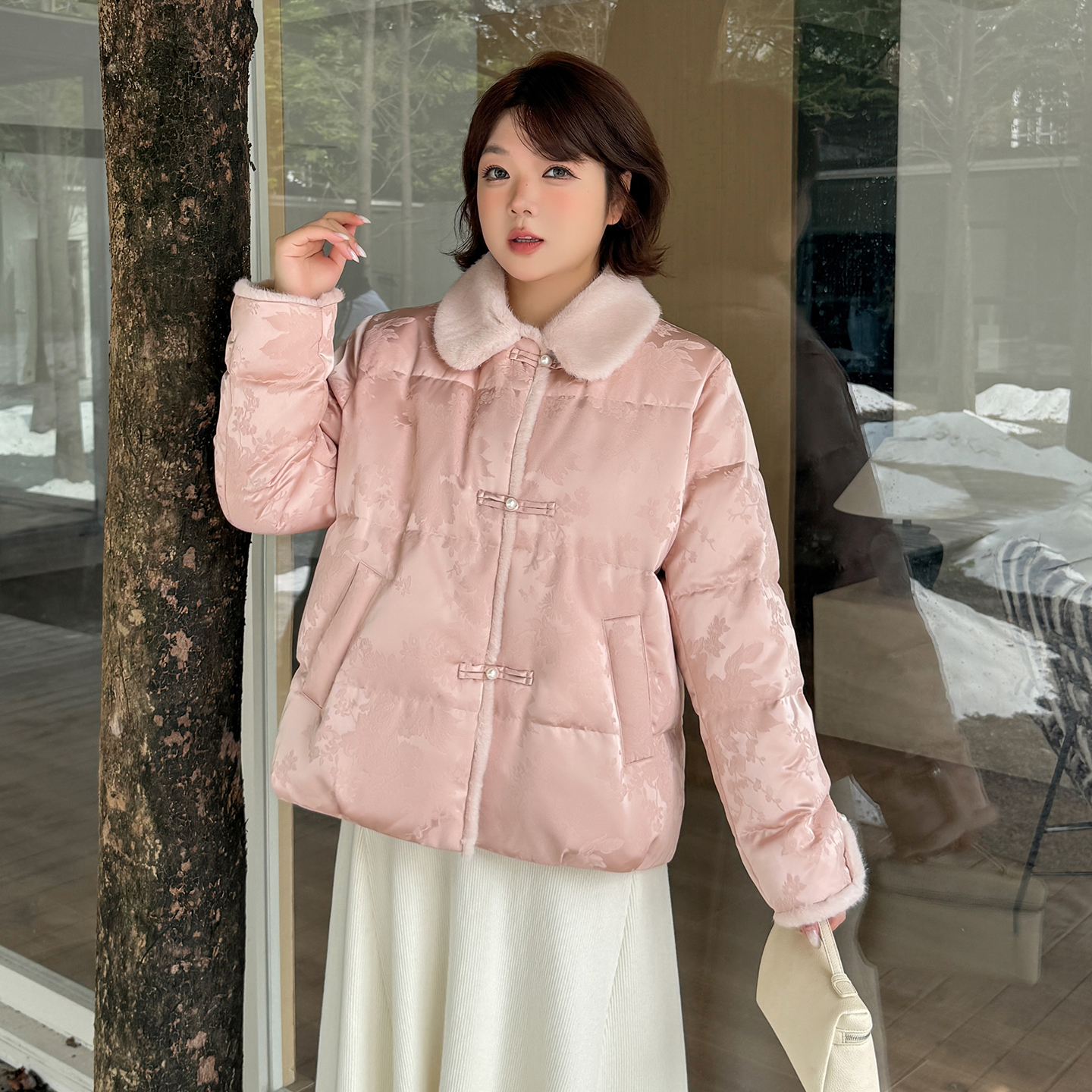 12.2日新品小波家2025冬季胖mm新中式国风提花白鸭绒羽绒服外套