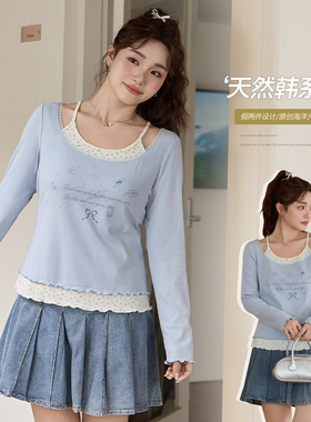 小波家2026春季胖mm假两件原创撞色印花木耳边长袖上衣