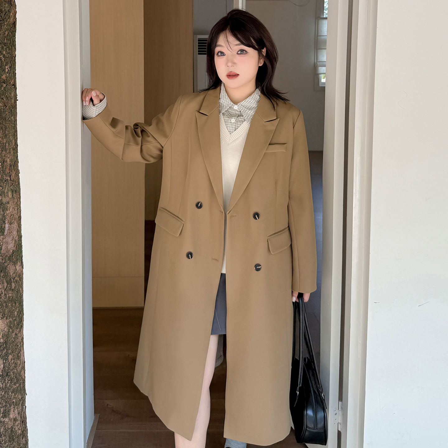 小波家2025秋季胖mm长款西服大衣休闲英伦风宽松外套