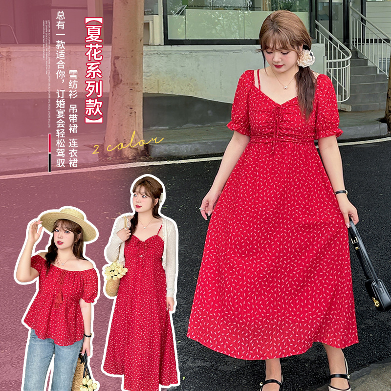 小波家2025夏季胖mm碎花系列姐妹款连衣裙甜美中长裙
