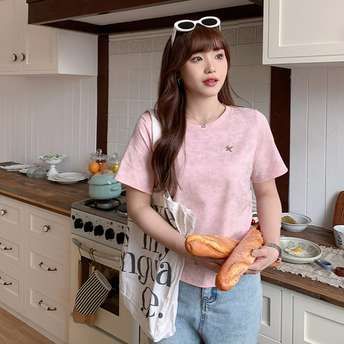 小波家2026夏季胖mm正肩短款晕染辣妹风收腰褶皱短袖T恤