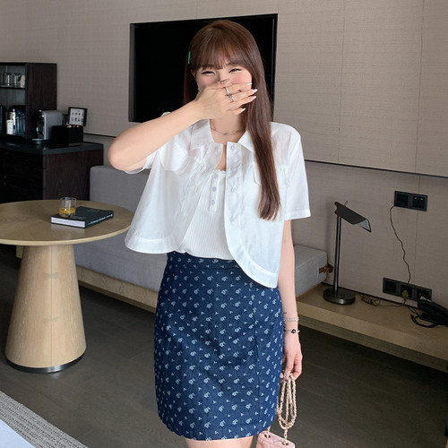 【清仓】小波家胖mm薄款通勤简约翻领短款防晒短袖衬衣外套