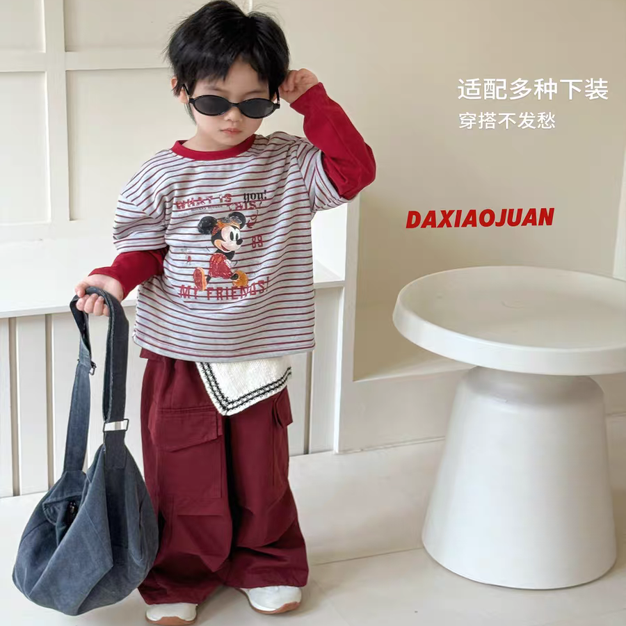 秋季男童条纹假两件T恤韩版上衣