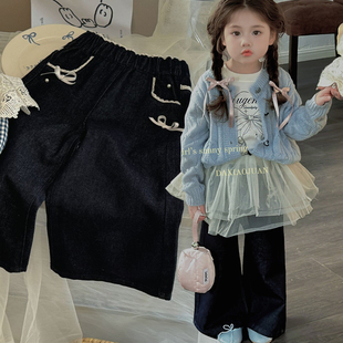 大小卷2025春秋新款女童宝宝韩版直筒牛仔裤蝴蝶结深色童裤阔腿裤