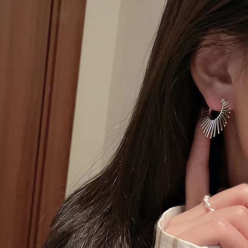 通体S925纯银几何扇形耳环女欧美夸张金属耳钉小红书博主同款耳饰
