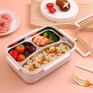 振兴不锈钢三格饭盒食用304分隔防漏长方形大容量上班上学注水热