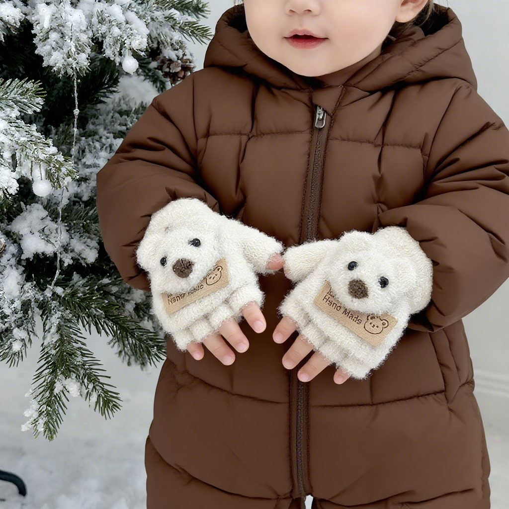 0-3岁儿童翻盖手套男童女童小宝宝加绒加厚保暖手套婴幼儿半指0-1