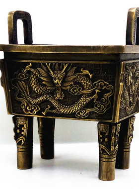 包邮黄铜鼎四方鼎兽鼎单龙鼎四方四足铜鼎财源招财双龙鼎香炉摆件