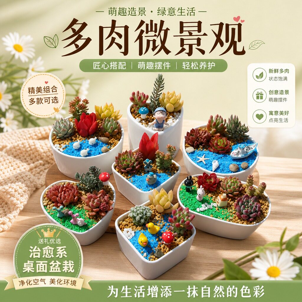 多肉植物陶瓷盆组合盆栽套餐含盆含土DIY微景观材料包幼儿园送礼