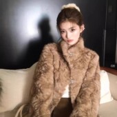 小熊心事立领染尖中长款 皮毛一体毛毛外套女冬季 慵懒休闲加厚