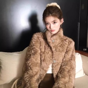 小熊心事立领染尖中长款 慵懒休闲加厚 皮毛一体毛毛外套女冬季