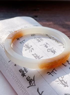 新疆和田玉方条手镯且末糖羊脂白玉雕莲花镯子女款红糖细条玉镯