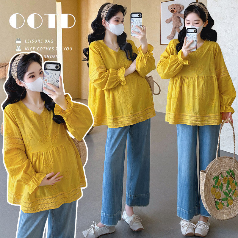 婧麒孕妇衬衫春装新款长袖宽松甜美洋气遮孕肚上衣春秋季潮妈外出