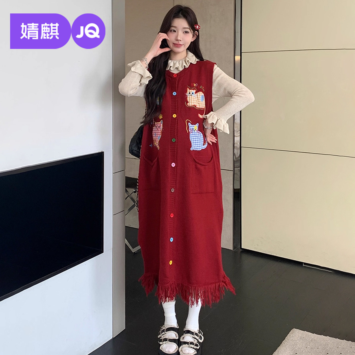 婧麒孕妇装冬装孕妇连衣裙孕期新款花边领小猫孕妇裙子高级穿搭女