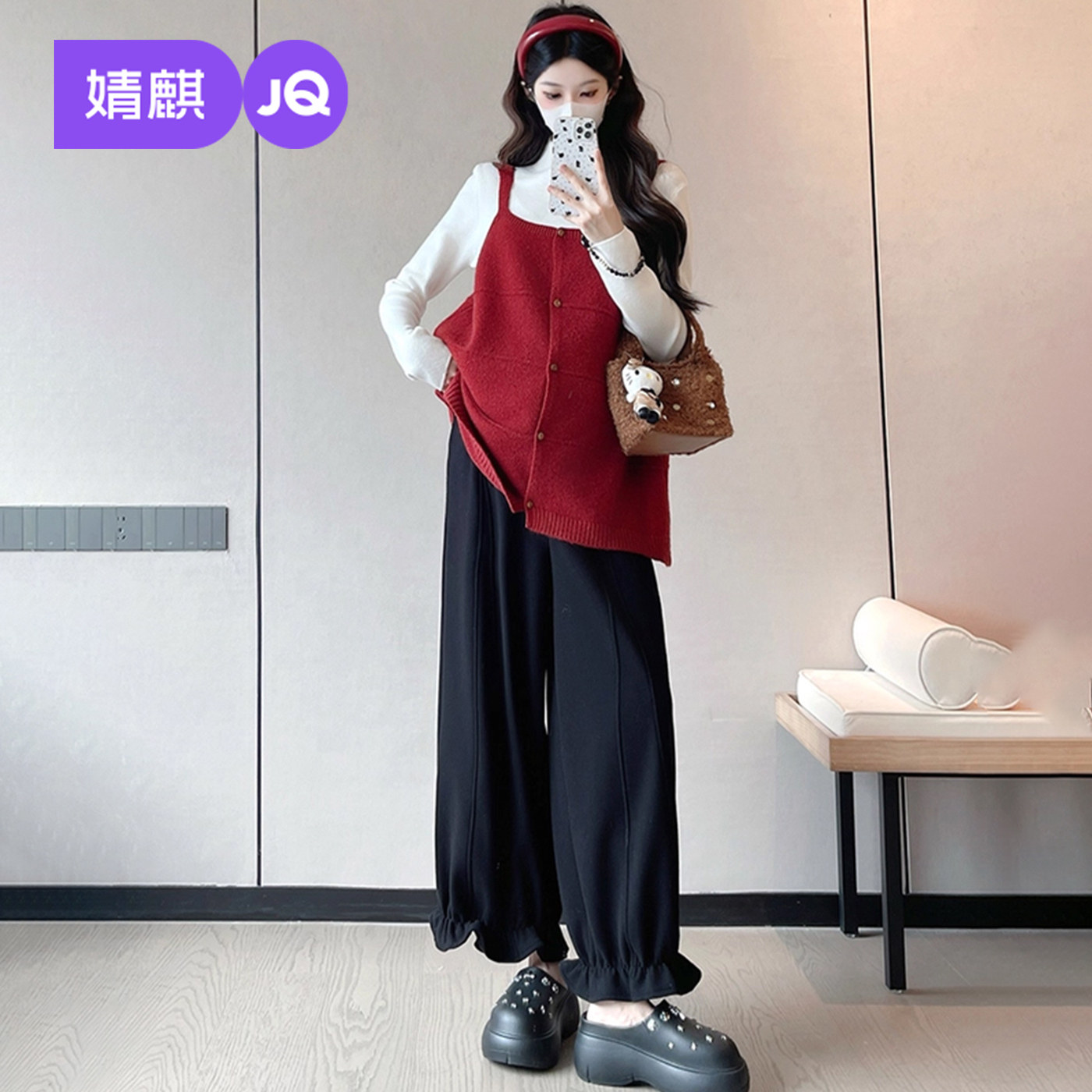婧麒孕妇装冬装新款韩系马甲裤子孕期洋气高级孕妇套装圣诞穿搭女