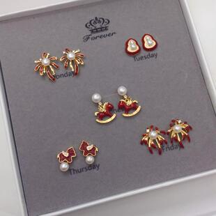 诸暨纯天然淡水珍珠耳钉S925银针新年耳饰马年红色耳钉过年耳环