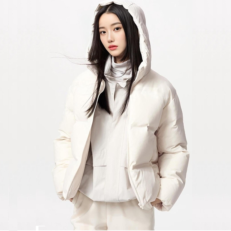 优家冬季无缝羽绒服女休闲简约百搭连帽短款宽松外套夹克469896