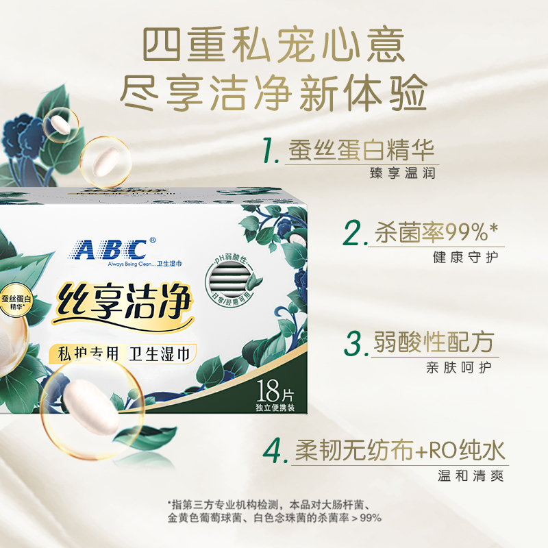 ABC新品蚕丝蛋白精华私处湿巾1盒18片 洗护清洁剂/卫生巾/纸/香薰 经期清洁巾 原图主图