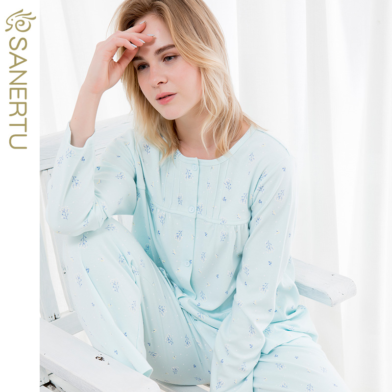 三耳兔睡衣女秋冬纯棉长袖宽松开襟印花女士中老年妈妈家居服套装