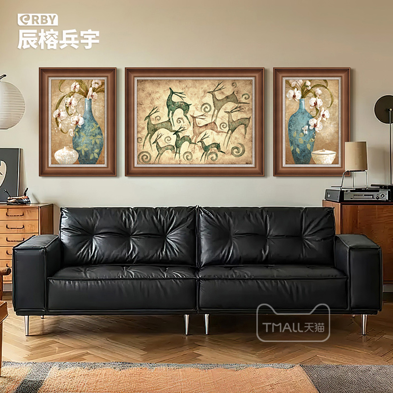 中古风客厅装饰画法式复古三联沙发背景墙挂画餐厅玄关平安鹿组合图片