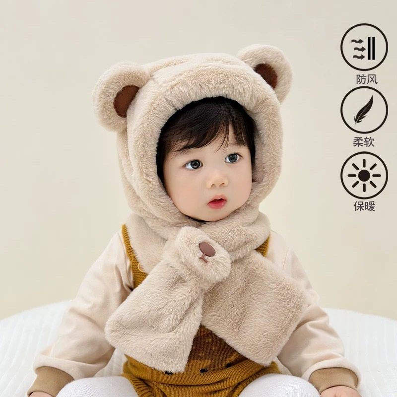 儿童帽子围巾一体毛绒小熊保暖护耳帽男童女童宝宝冬天韩版套头帽