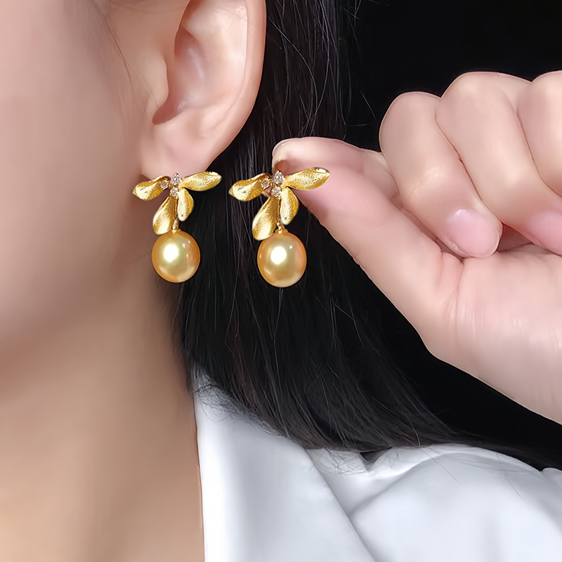 设计师款鸢尾花耳环天然金色珍珠稀有柔美水滴 耳饰轻奢高级耳坠