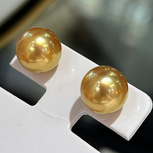 【经典】金珠耳钉纯银18K金耳环饰 耳针款正圆强光高亮珠光茶金色