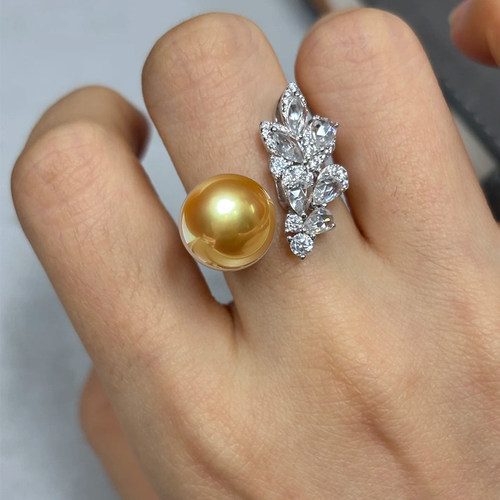 灵动雀翎金色天然珍珠戒指 进口配饰高级真金珠设计款 可调节礼物