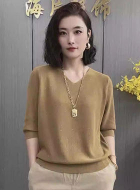 中年妈妈大码女装显瘦秋七分袖针织T恤上衣女新款宽松V领针织衫A3