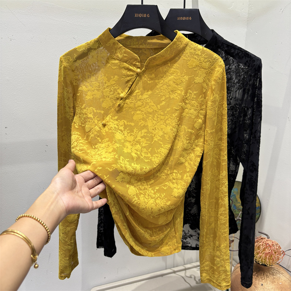 新中式国风网纱植绒提花衬衫女2025年秋季新款斜襟扣气质小衫上衣