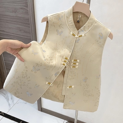 2025春秋新中式国风重工刺绣立领马甲女新款宽松开叉盘扣无袖坎肩