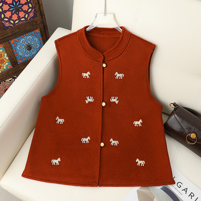 马年新气象~全羊毛双面呢撞色国风小马刺绣宽松马夹外套女 J00260