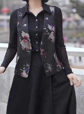 夏季薄款网纱V领马甲女短款外穿坎肩雪纺气质时髦黑色马夹外套
