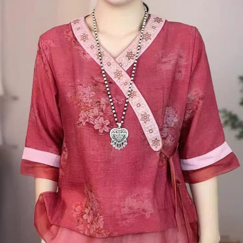 民族风斜襟文艺复古上衣女夏季新款H妈妈装中式气质显瘦中袖小衫