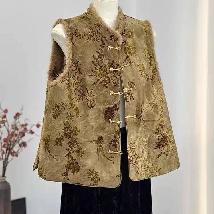 高级感新中式仿水貂毛马甲圆领盘扣国风外穿夹棉背心加厚上衣女