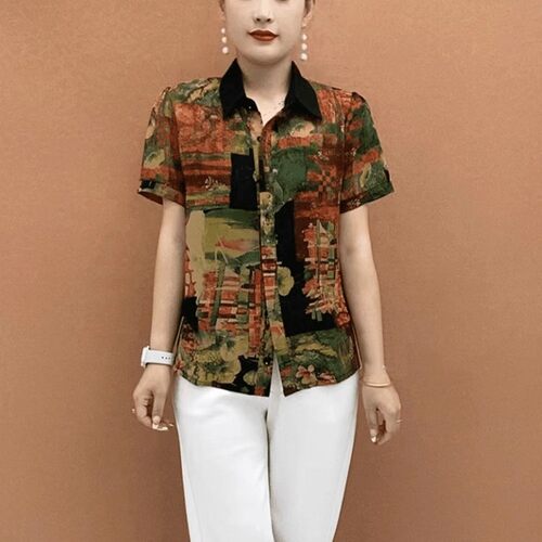 妈妈装上衣小衫短袖夏季复古印花时尚洋气百搭I宽松显瘦女士衬衫