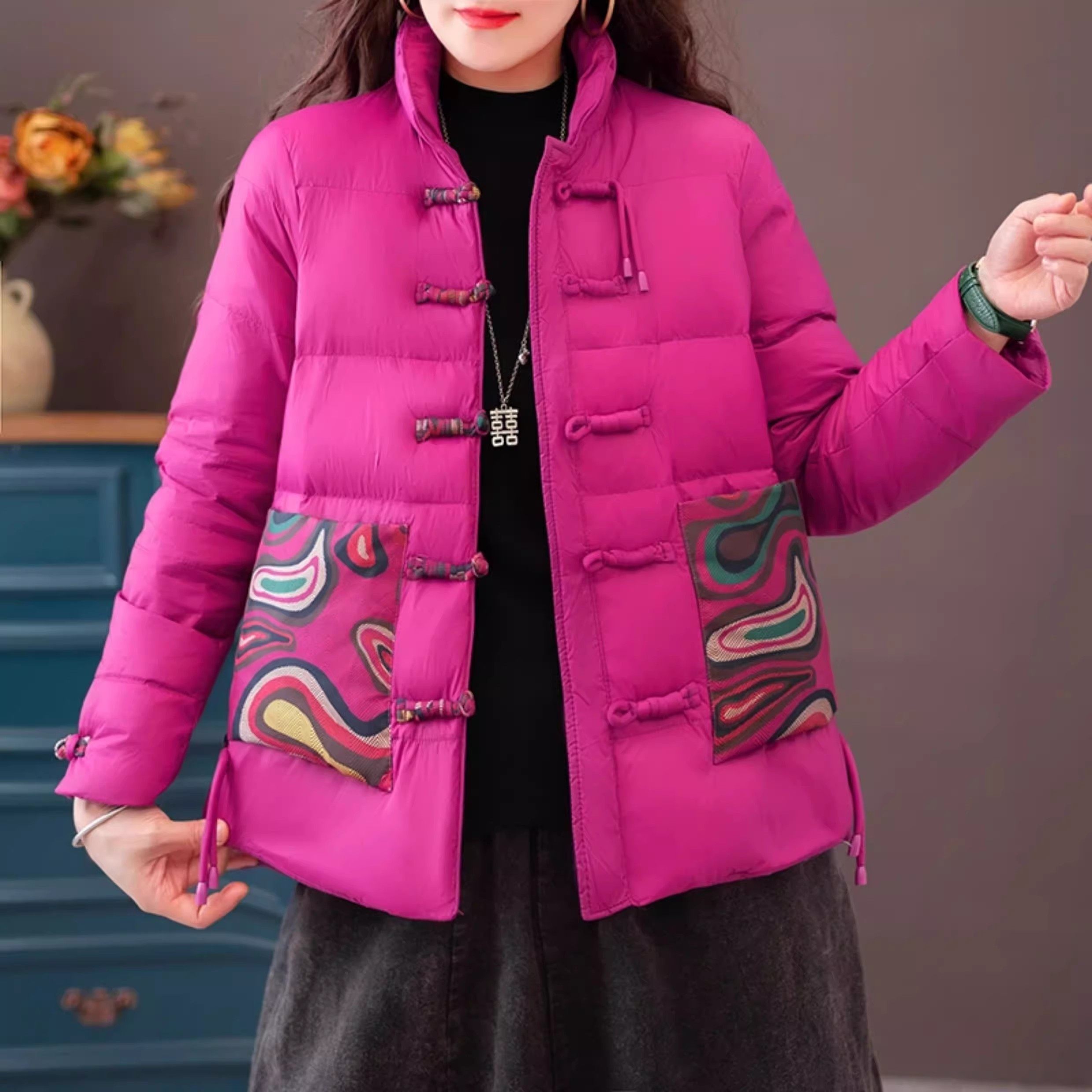 复古唐装羽绒棉袄女秋冬民族风夹棉外套妈妈装中国风印花拼接棉服