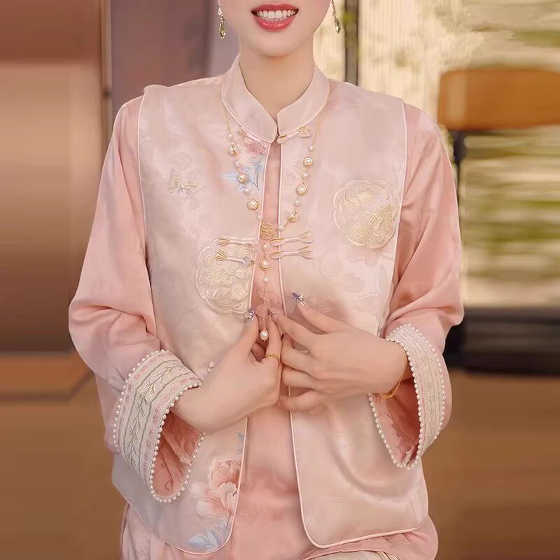 新中式国风粉色提花刺绣马甲女2025春秋新款改良唐装盘扣背心上衣,女装/女士精品,马夹,淘宝优惠券,粉丝福利购,淘宝优惠卷