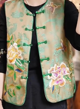 2025春夏季新中式国风绿色重工刺绣圆领马甲外套女盘扣无袖背心