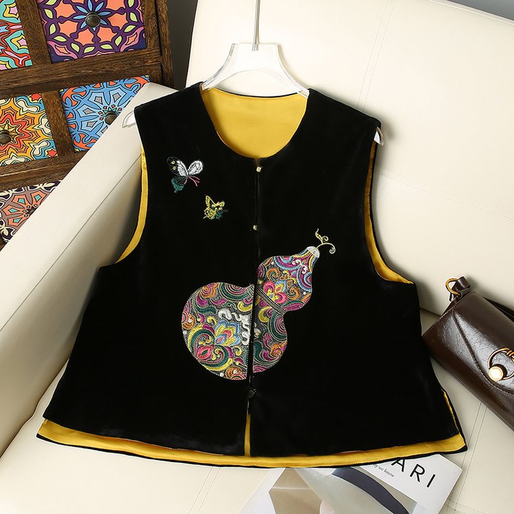 新中式国风高端丝绒马甲背心女装2025秋季新款黑色葫芦绣花上衣M1