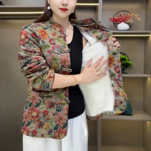 妈妈装秋冬新款加绒保暖棉衣外套中老年女装复古盘扣立领花色上衣