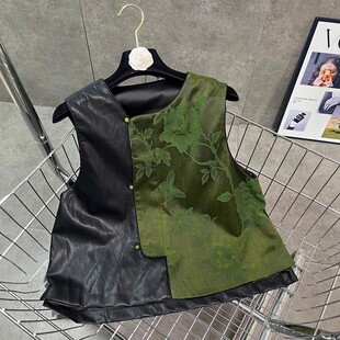 水洗PU皮拼接绿色提花接新中式 高端 国风马甲设计感新中式