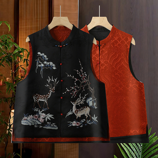 新中式百搭显瘦刺绣花马甲女2025秋季新双面穿立领无袖坎肩背心M1