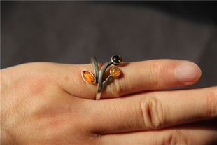 海外欧洲回流女士首饰老物件银镶琥珀戒指手饰品孤品