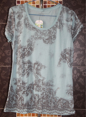 欧美甜美风格2016夏装外贸大牌原单尾货女装纯棉蓝色亮片短袖T恤