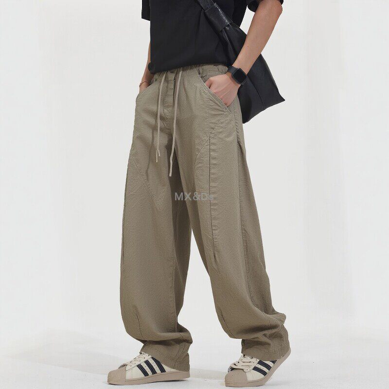 夏季薄款美式潮流宽松阔腿工装弯刀休闲裤工装裤男女抽绳百搭长裤