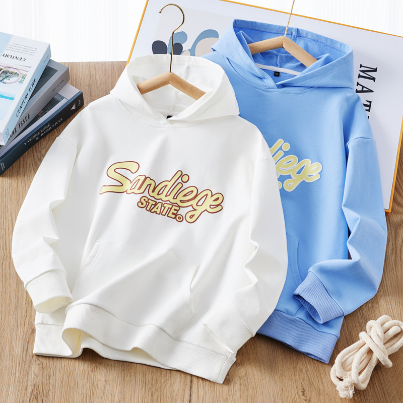 男童春款卫衣2026新款洋气中大童男孩薄款白色纯棉字母蓝色连帽衫