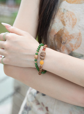 印度老山檀手串搭配和田碧玉扎基拉姆绿度母手链原创檀香文玩念珠