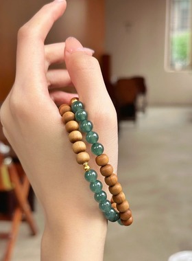 印度老山檀手串搭蓝水翡翠苹果珠念珠双圈手链中国风文玩手链佛珠